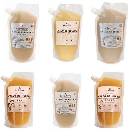 Línea completa de Caldos de Huesos PRIMITIVA – Defense, Beauty, Sleep, Detox, Res y Pollo