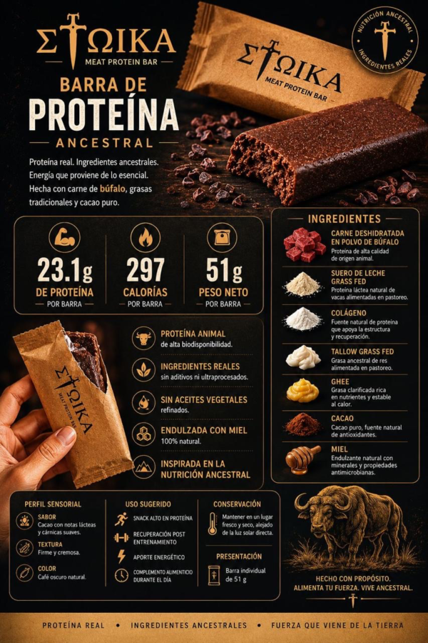 Infografía de STOIKA Meat Protein Bar con 23.1 g de proteína animal, carne de búfalo, colágeno, tallow grass-fed, ghee, cacao y miel